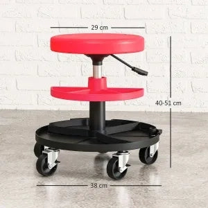 Sgabello da lavoro con rotelle e vassoio, altezza regolabile 40-51 cm, portata 135 kg, rosso