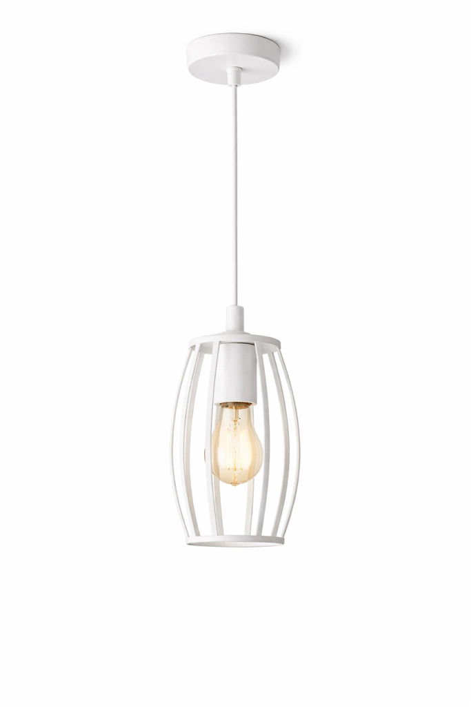 Lampadario Industriale a Sospensione E27 Bianco in Metallo, Gabbia Vintage, Lampada a Soffitto per Cucina Isola Soggiorno Ristorante, Lampadina Non Inclusa