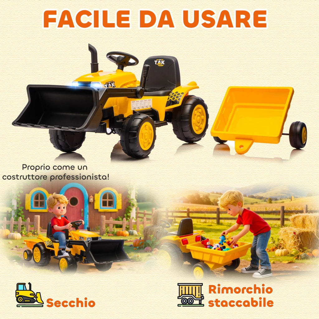 Escavatore Elettrico per Bambini 12V ¨C Xylo ¨C Giallo con Benna e Rimorchio