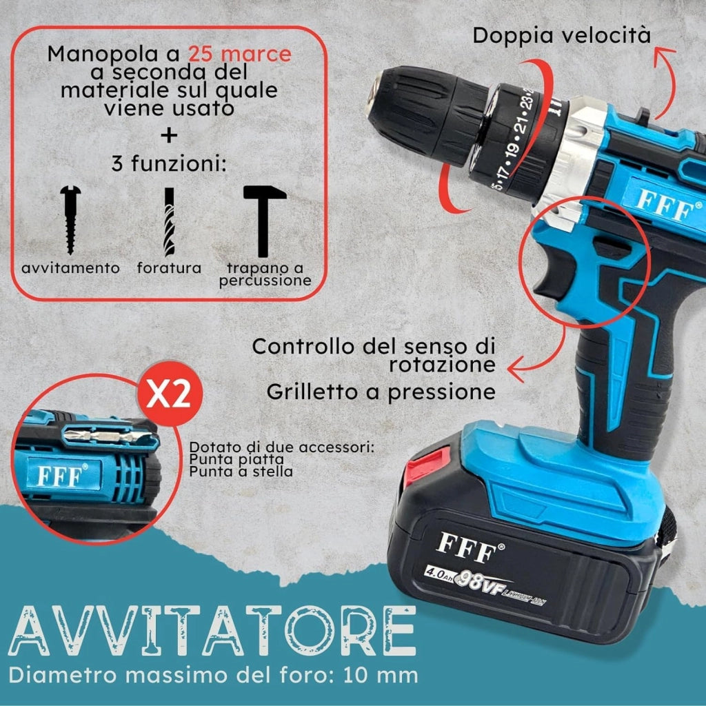 Kit 3 in 1 Trapano Avvitatore Avvitatore a Impulsi Smerigliatrice a Batteria