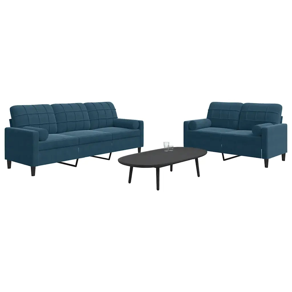 Set di Divani 2 pz con Cuscini e Rinforzi Blu in Velluto