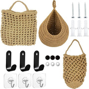 Set di tre contenitori in cucina, cesto di frutta intrecciato, appeso, cesto di frutta e verdura appeso alla parete, contenitori decorativi per patate, cipolle con viti espansive e ganci.
