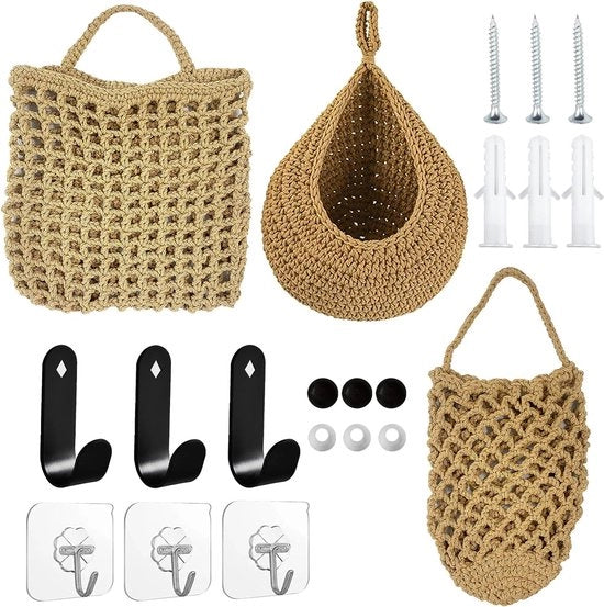 Set di tre contenitori in cucina, cesto di frutta intrecciato, appeso, cesto di frutta e verdura appeso alla parete, contenitori decorativi per patate, cipolle con viti espansive e ganci.