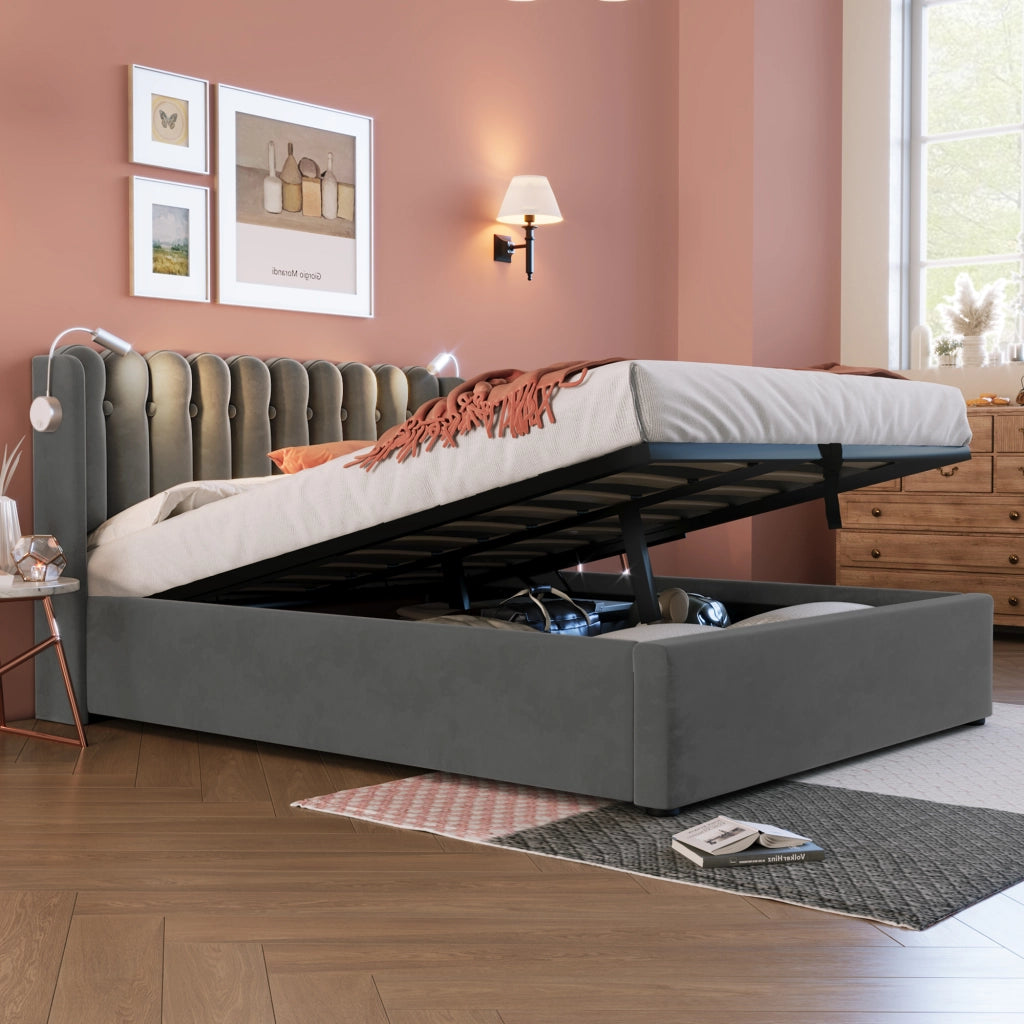 Letto matrimoniale – 160x200 cm – luce USB contenitore – velluto grigio