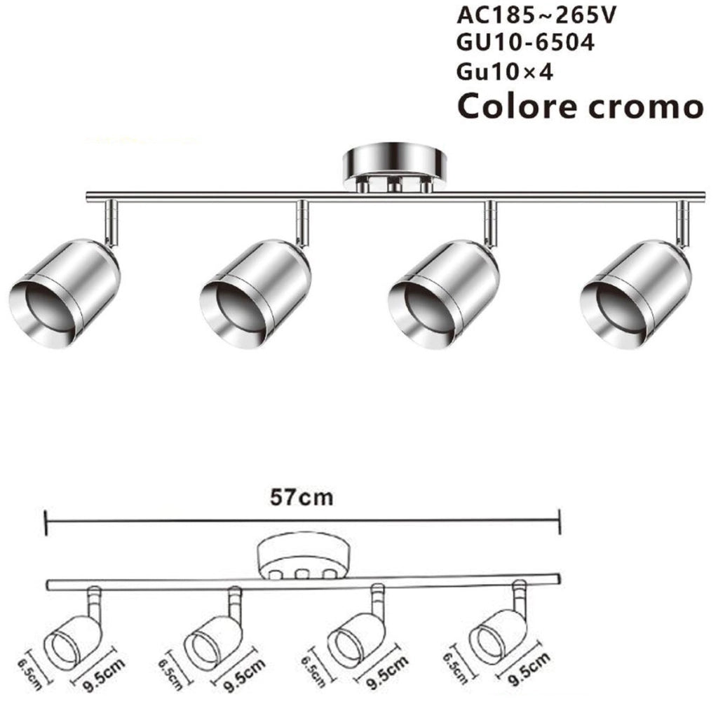 APPLIQUE 4 FARETTI 6.5*9.5CM SOFFITTO PLAFFONIERA ORIENTABILI GU10 LED CROMATO