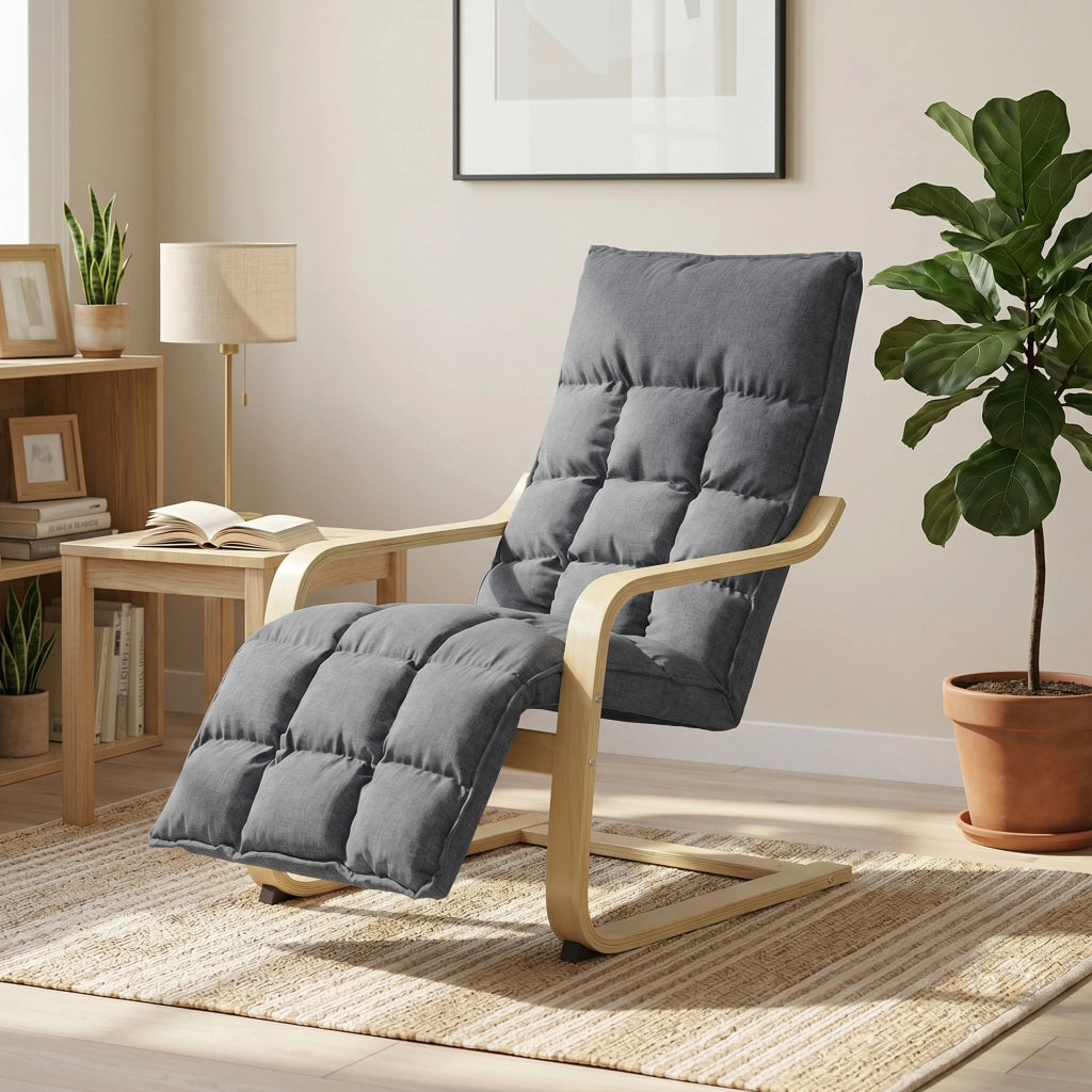 Poltrona Relax con Dondolo ¨C Xylo ¨C Tessuto Lino Grigio Schienale Alto Poggiapiedi