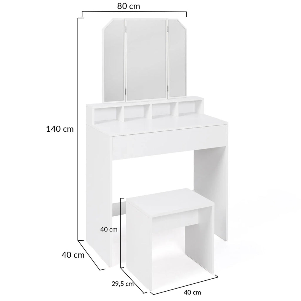 IDMarket - ZELIA Comodino a 3 specchi con 4 nicchie, 1 cassetto e sgabello