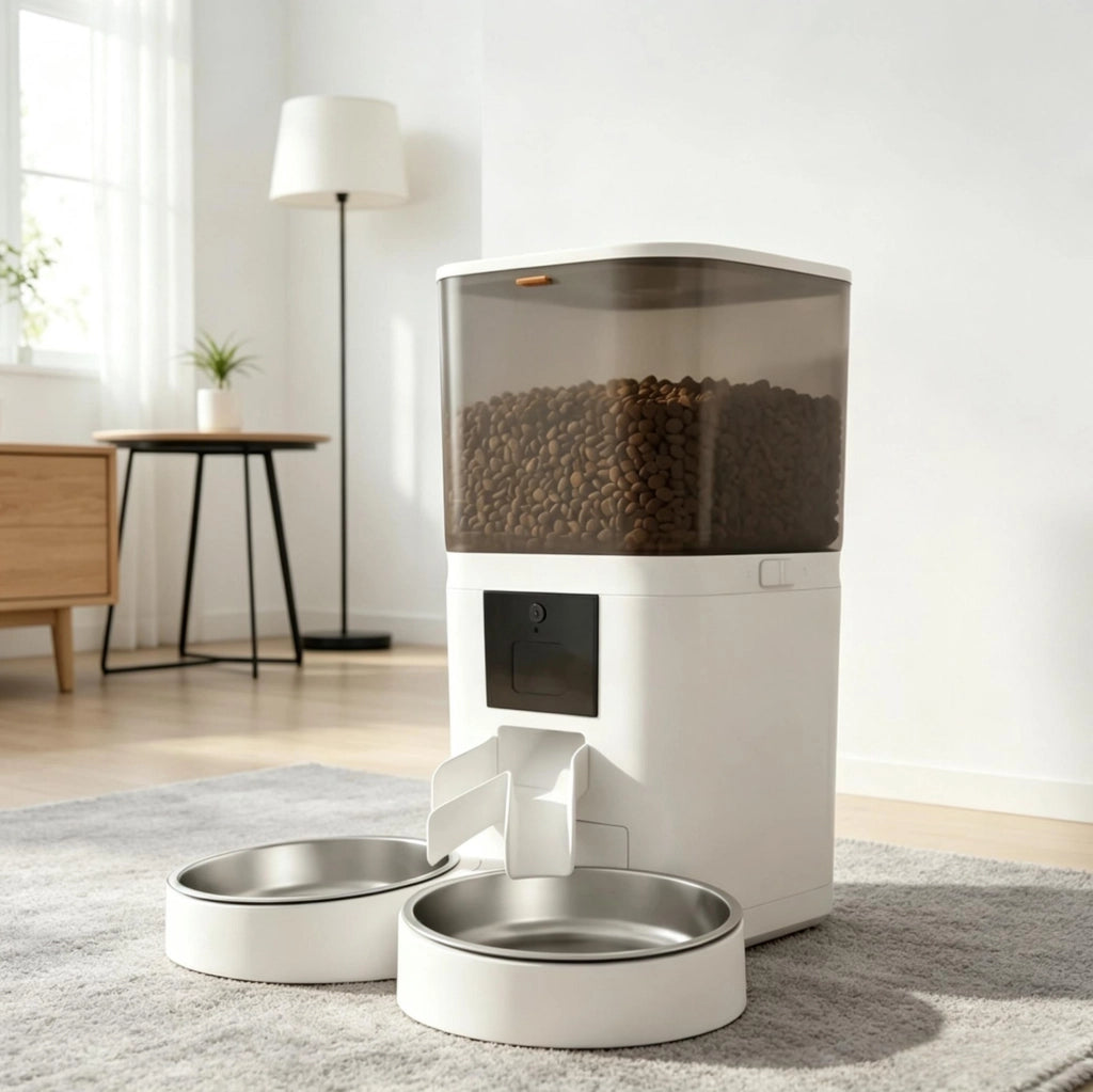 Distributore automatico di cibo ULEVR 6 L con doppia ciotola in acciaio inox, Wi-Fi Tuya, bianco e nero