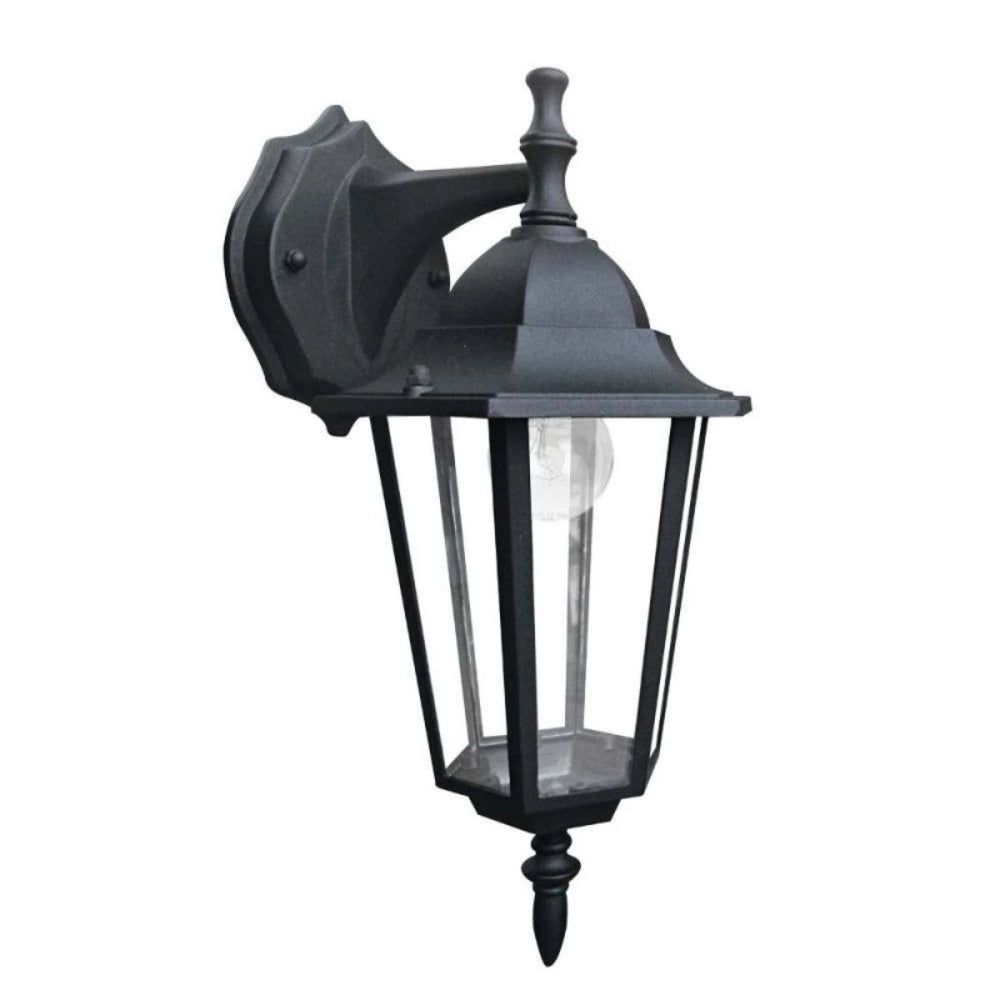 Lanterna a parete da esterno alluminio nero attacco e27 ip44 diffusore in vetro