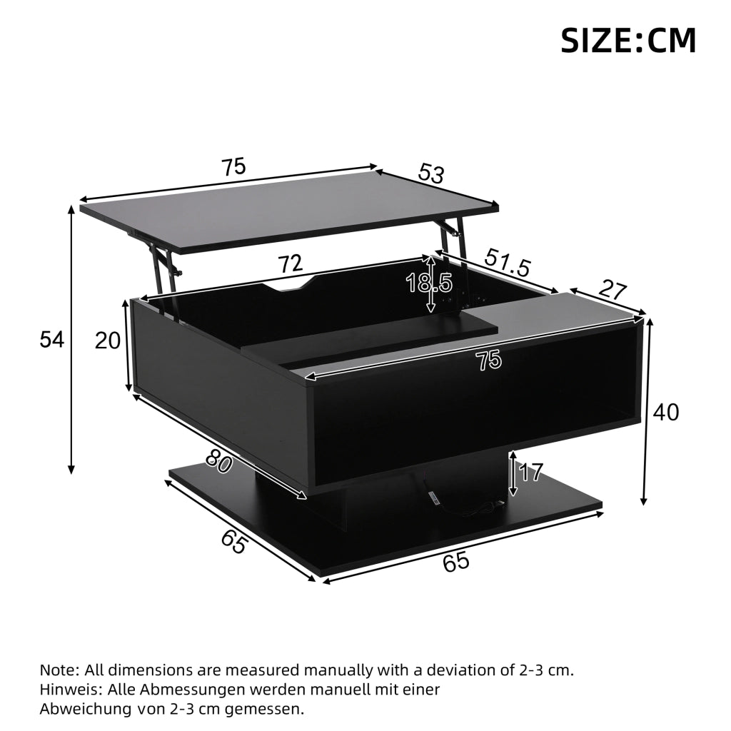 OKWISH Tavolino da Salotto Alzabile con Vano Contenitore e Spazio Semiaperto, LED, per Soggiorno, Pannello di Particelle, Nero, 80 x 75 x 40 cm