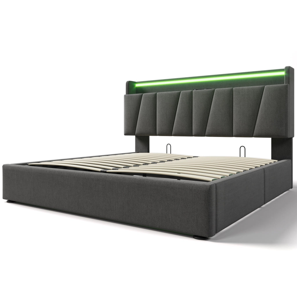 Letto doppio imbottito; 160x200cm; con testiera USB e LED; grigio