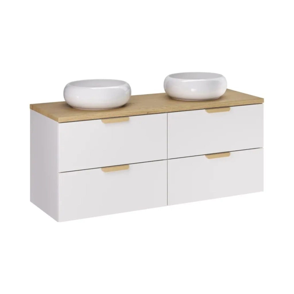 Set da bagno OSTER 120cm: mobile con cassetti sotto il lavabo + piano per il lavabo + lavabo da appoggio rotondo bianco
