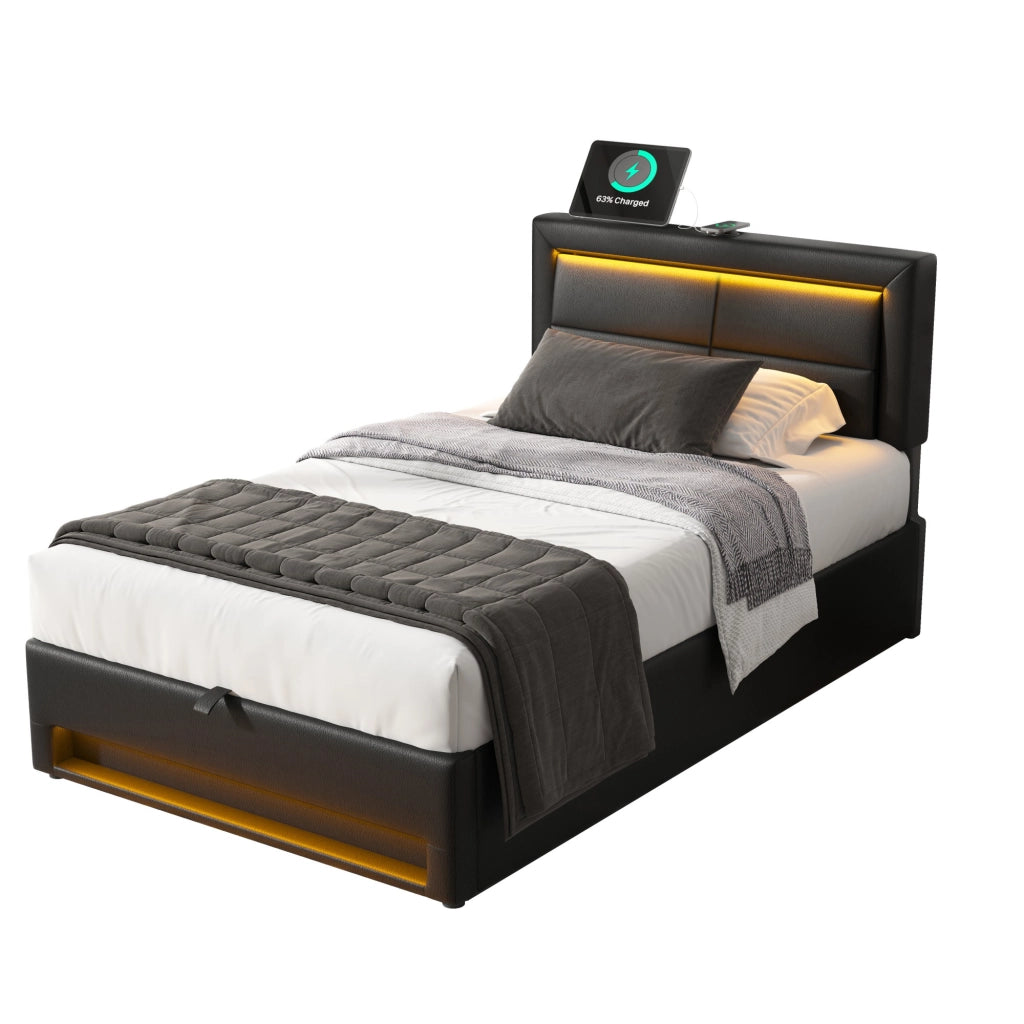 Letto singolo imbottito – 90x200 cm – USB LED contenitore – PU litchi nero