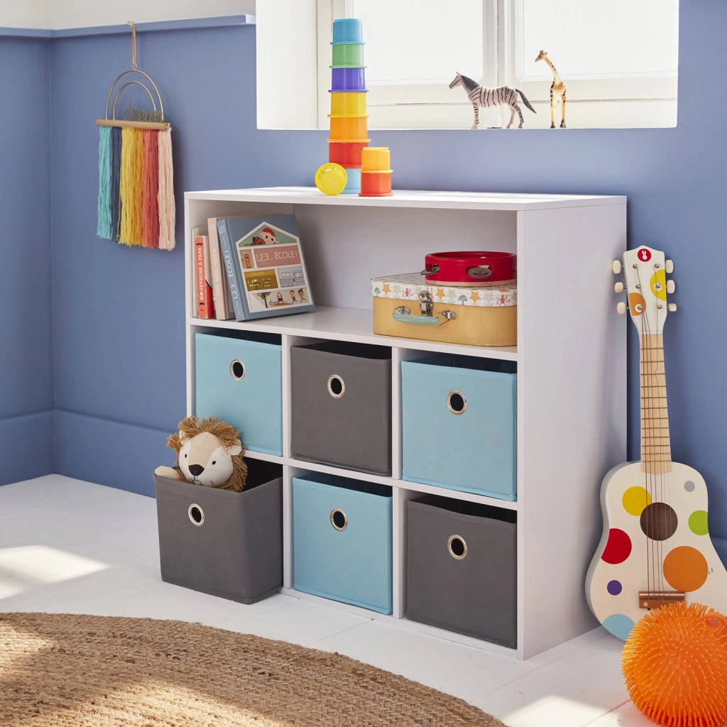 Armadio contenitore per cameretta dei bambini con 6 cestini, blu