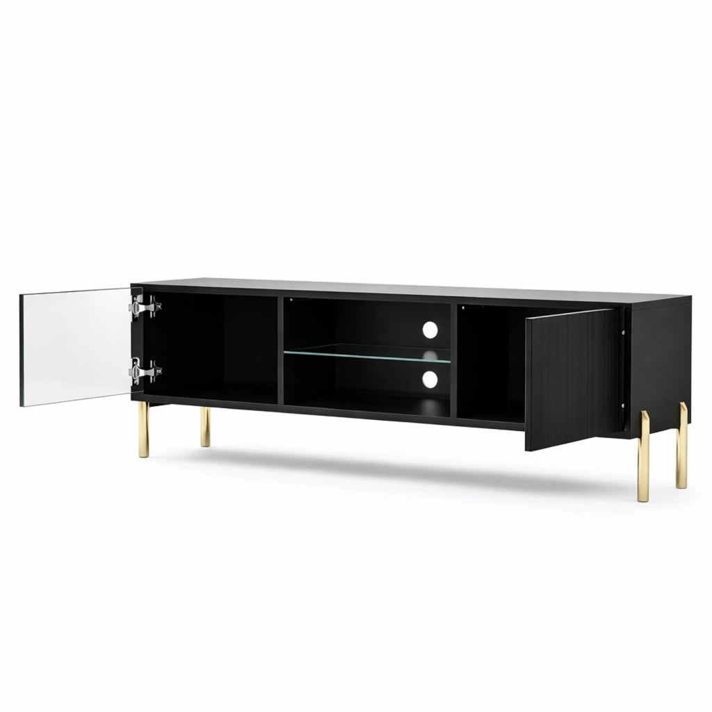 Mobile TV Per Soggiorno Living Con 2 Ante Battenti Vano Centrale A Giorno Ripiano In Vetro Passacavi Posteriori In Melaminico Design Contemporaneo 135 X 31 X 47 Cm Nero