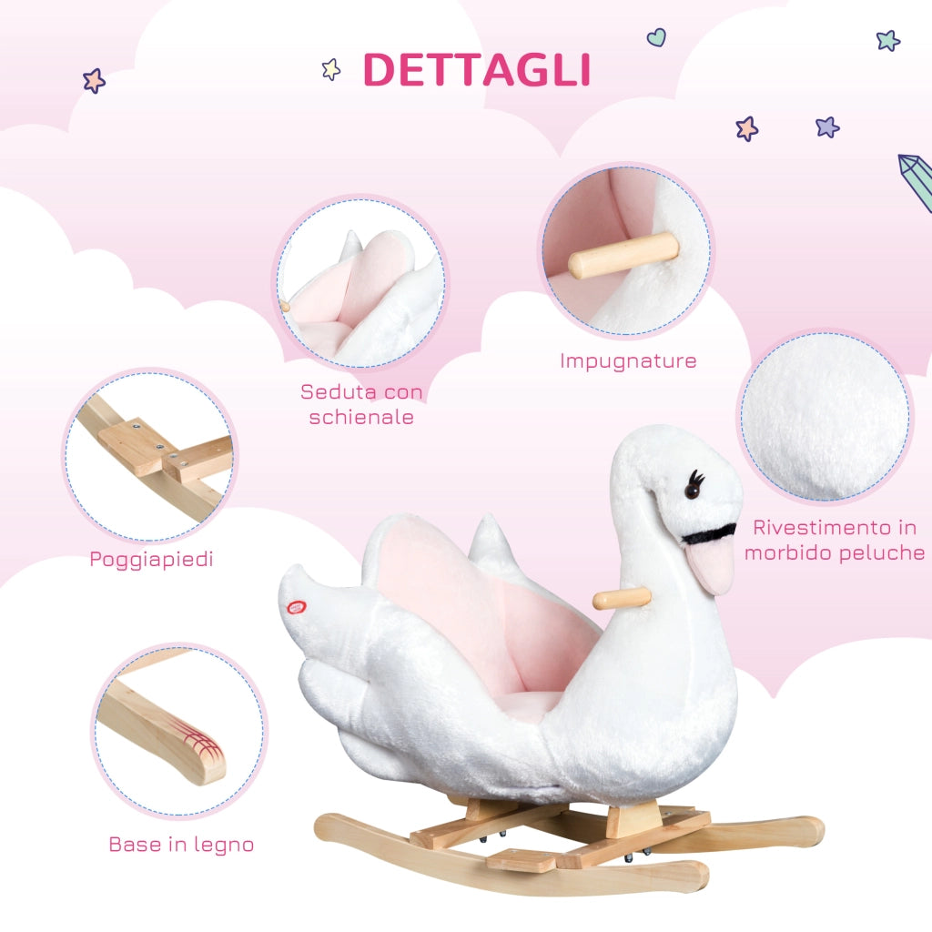 Cavallo a Dondolo Cigno con Musica ¨C Xylo ¨C Metallo Legno Peluche Bianco 60x32x55cm