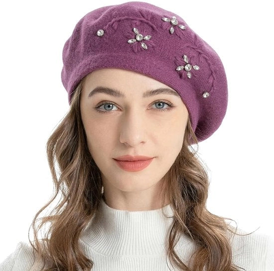 Cappello caldo per donne - Classico cappello francese - Foderato con fiori ricamati - Miscela acrilico/polyester - Unico modello - Cappello