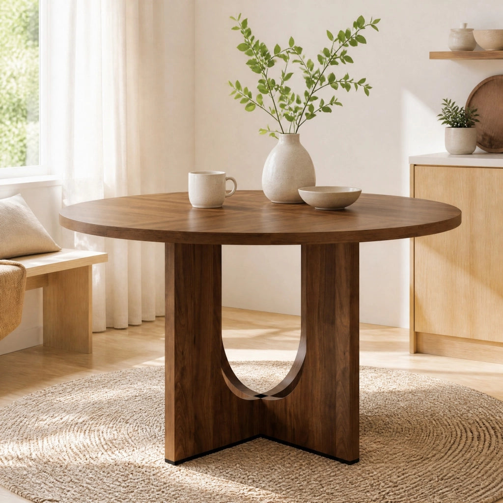 Tavolo da pranzo rotondo 120 cm, 4-6 posti, colore noce, in MDF