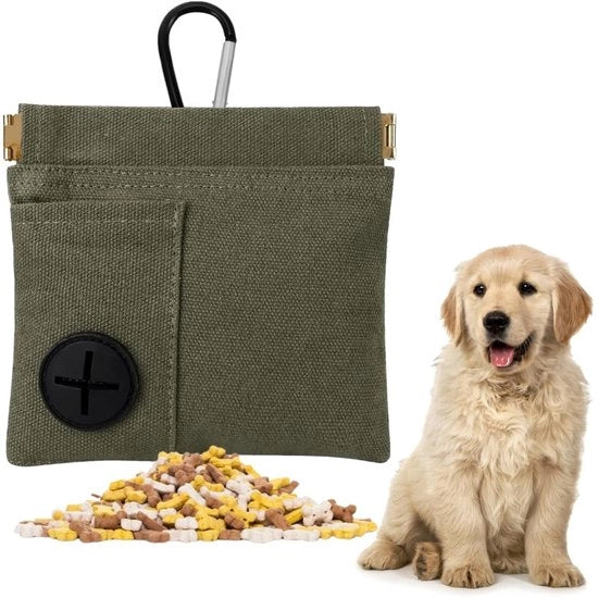Sacchetto per cani con dispenser per cibo - 12x12 cm - Multifunzionale - Utile per la formazione - Attacco in alluminio - Sacchetto per cani