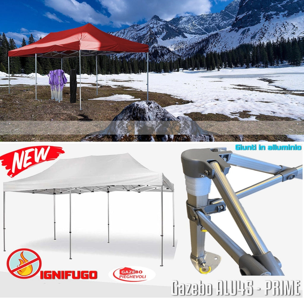 Gazebo 3x6 m rosso certificato IGNIFUGO pieghevole alluminio piantone esagonale 45mm portatile estendibile richiudibile estensibile acciaio con laterali per fiere eventi stand chiosco tenda tendone mercato mercatino
