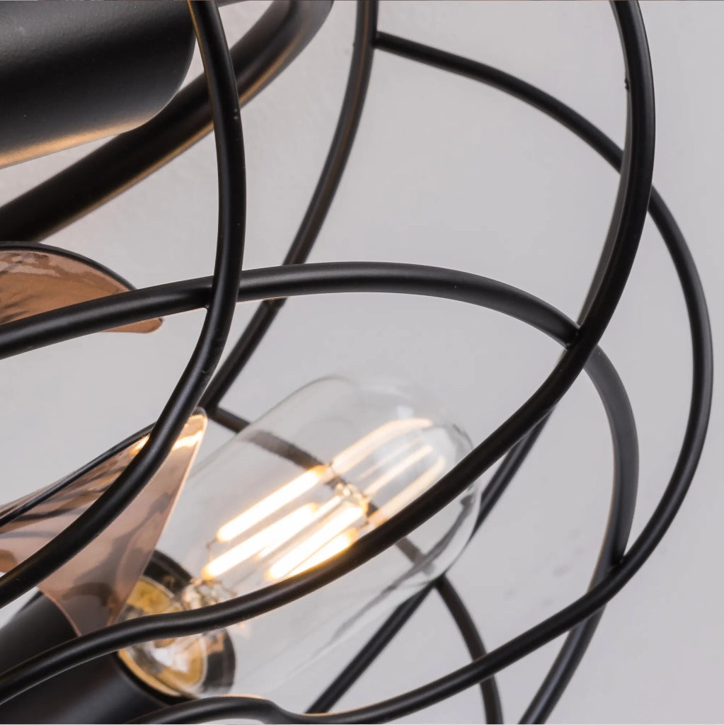 Ventilatore da soffitto industriale nero, profilo basso 19 pollici, con luce e telecomando. Motore reversibile a 6 velocità, montaggio a filo. Stile fattoria per ambienti piccoli