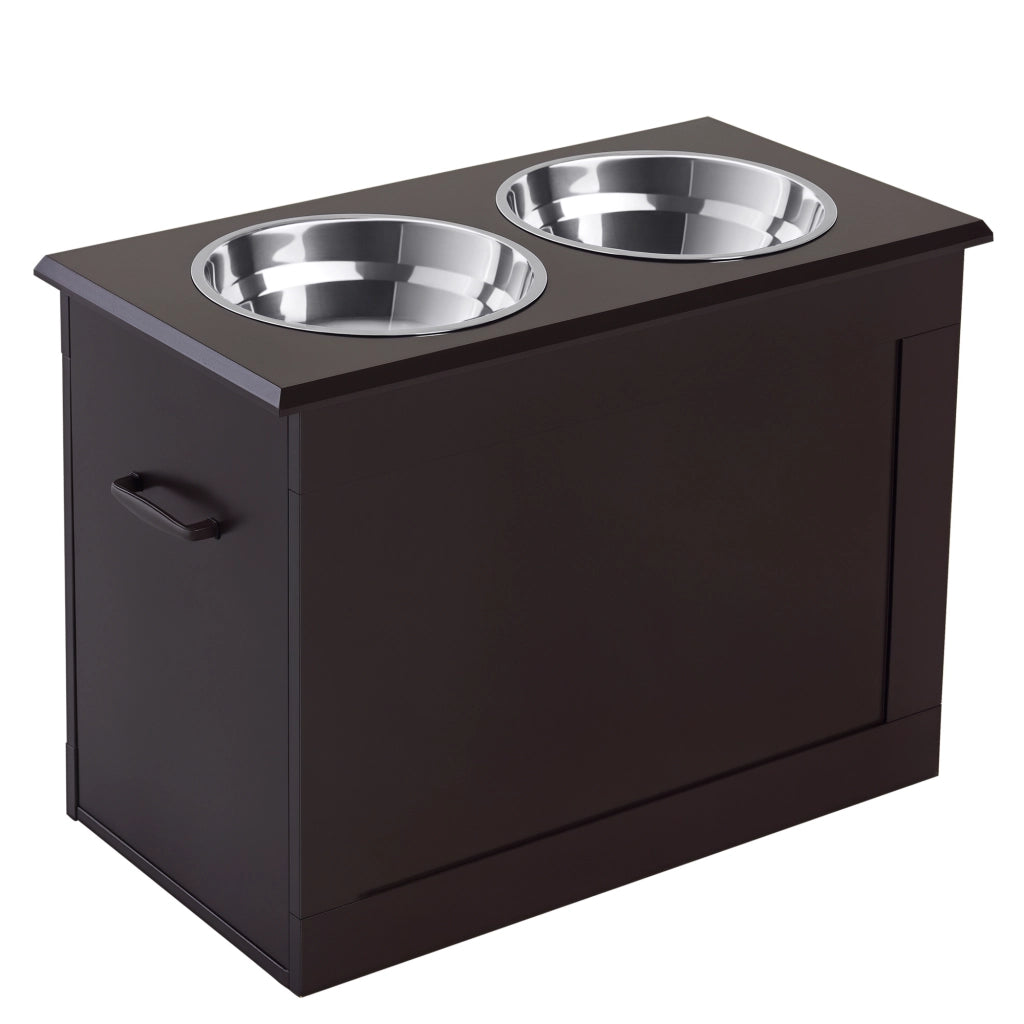 Porta Ciotole Rialzato per Cani con Vano Contenitore in Legno 2 Ciotole Inox 2L Robusto Pratico 60L x 30l x 41H cm Cioccolato