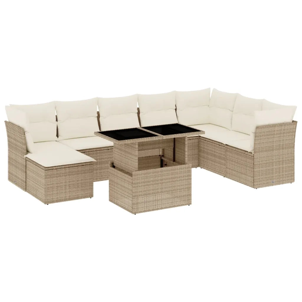 Set Divano da Giardino 9 pz con Cuscini Beige in Polyrattan