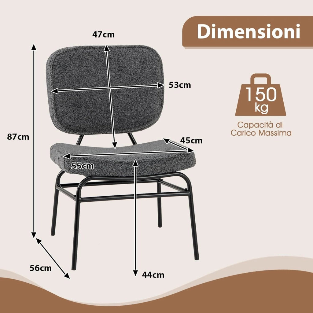 Sedia Relax Imbottita, Sedia da Lettura in Sherpa con Imbottitura in Spugna, Piedini Regolabili e Struttura in Metallo, Sedia Moderna per Soggiorno, Studio, Portata 150 kg (Grigio)