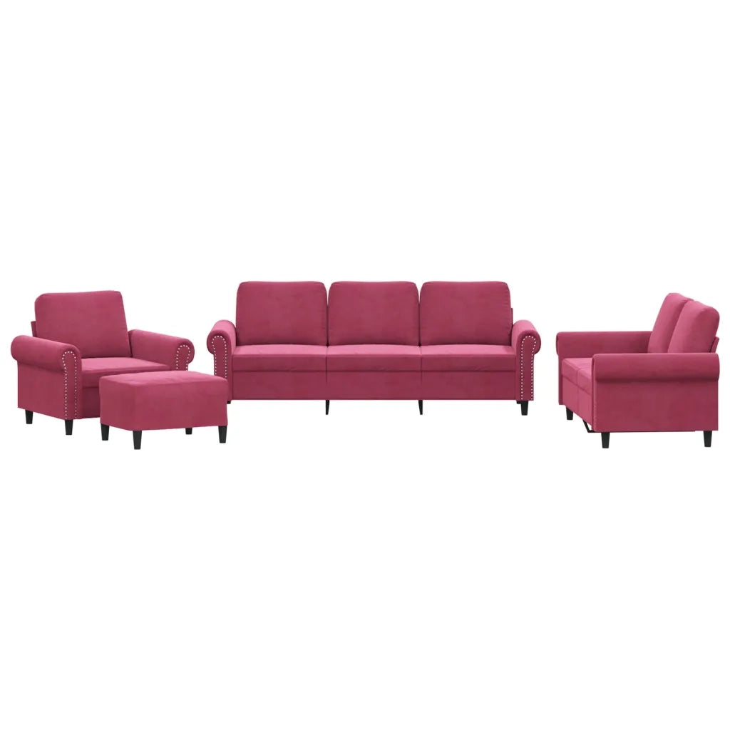Set di Divani 4 pz con Cuscini Rosso Vino in Velluto
