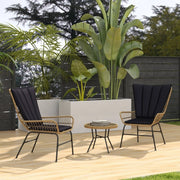 OKWISH Set da 3 Sedie da Giardino con 2 Poltrone, Tavolino Rotondo, Cuscini e Rattan Nero