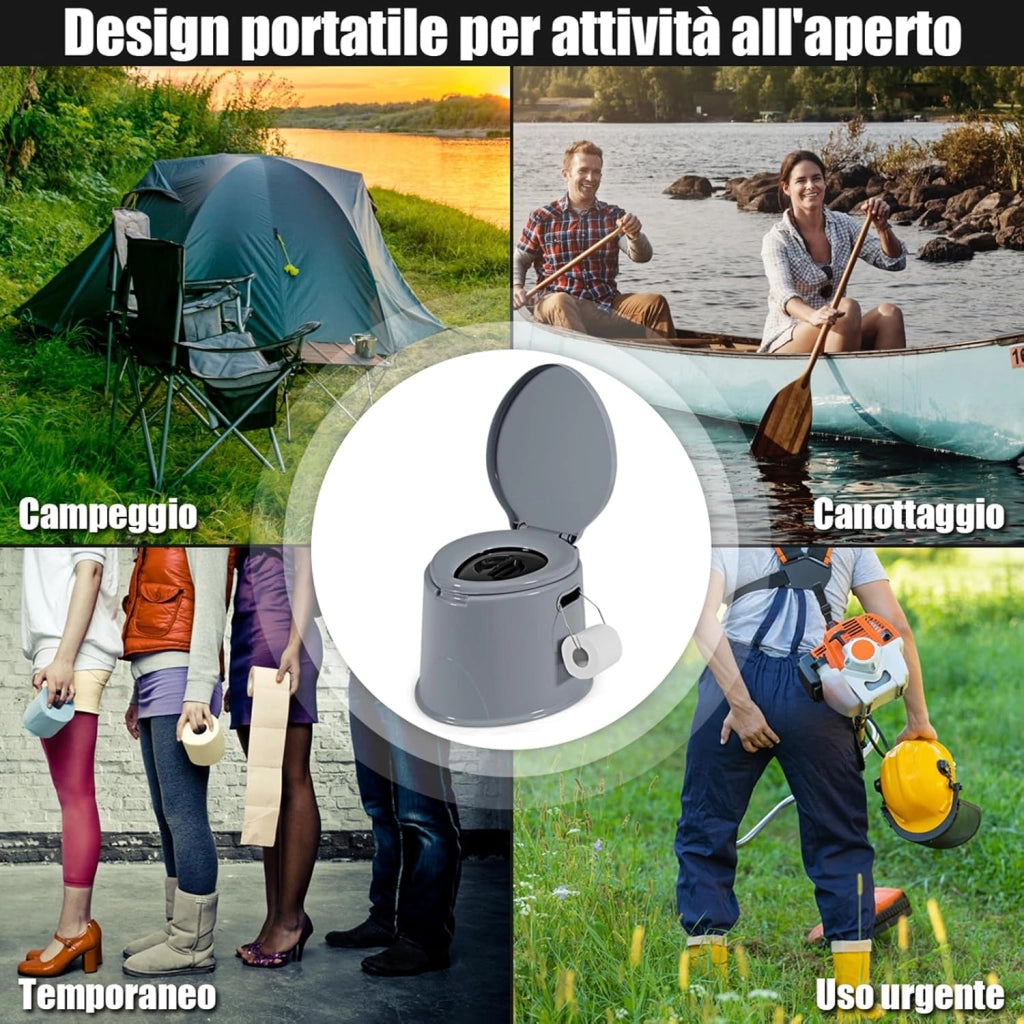 Toilette Portatile WC Chimico, WC da Viaggio Leggero con Secchio Interno Rimovibile,Water Portatile per Adulti e Anziani con Portarotolo, Supporto Carico 200 kg, 41 x 49 x 34 cm (Grigio)