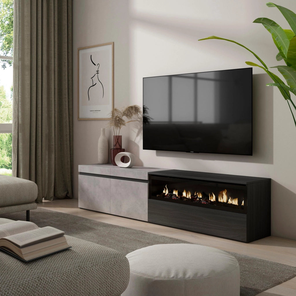 Mobile TV, 200x35x45cm, soggiorno, Per TV fino a 80", Camino elettrico, grigio cemento RF2247