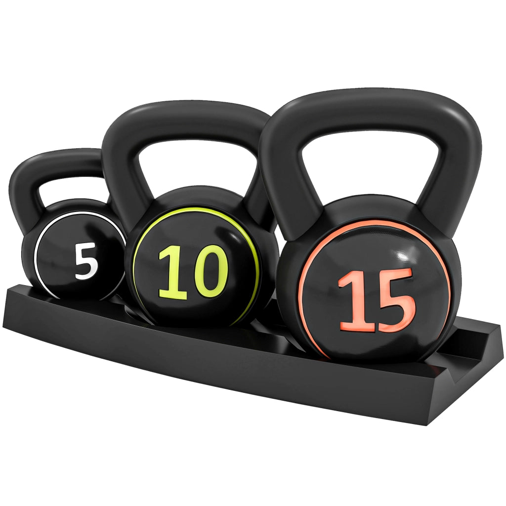 Set 3 Kettlebell da 2.2 kg. 4.5 kg e 6.8 kg con Base Piatta e Portapesi. in Plastica e Sabbia. Nero