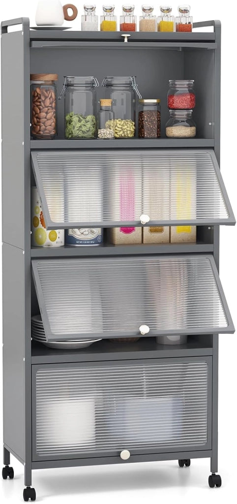 Armadio da Cucina a 5 Piani, Mobile per Microonde con Porte PC a Scomparsa, con 4 Ruote Girevoli, per Sala da Pranzo Soggiorno e Studio, 60x32x154 cm (Grigio)