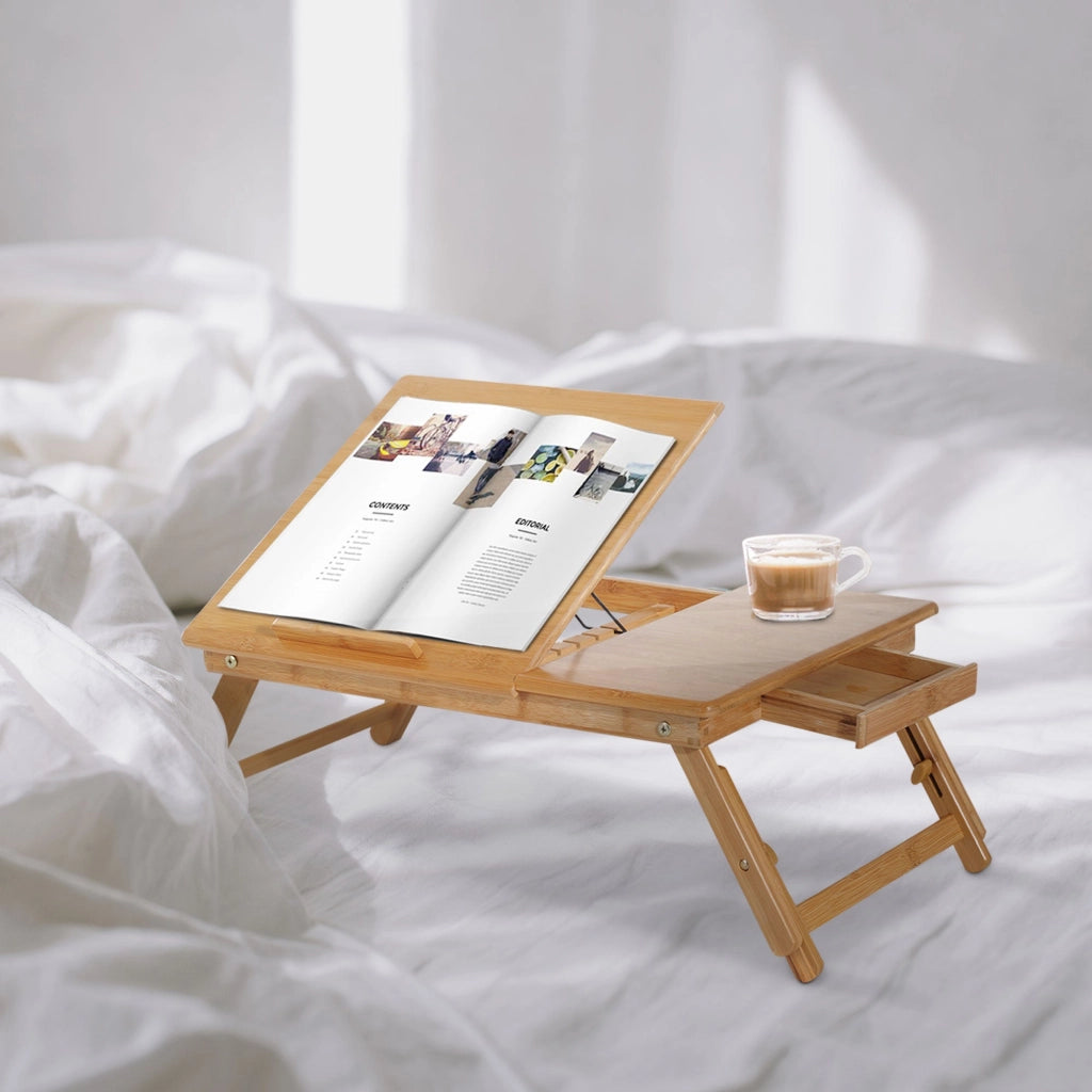 Tavolino da Letto per PC Portatile con Sistema di Raffreddamento in Bambù 55x35x22-30 cm