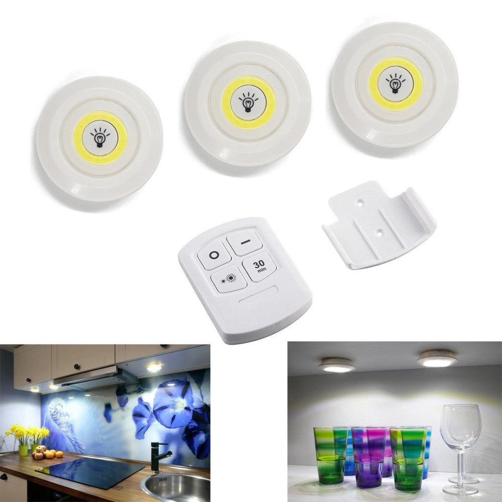 Trade Shop - Set 3 Luci Led Cob Illuminazione Con Telecomando Faretto Spot Timer -