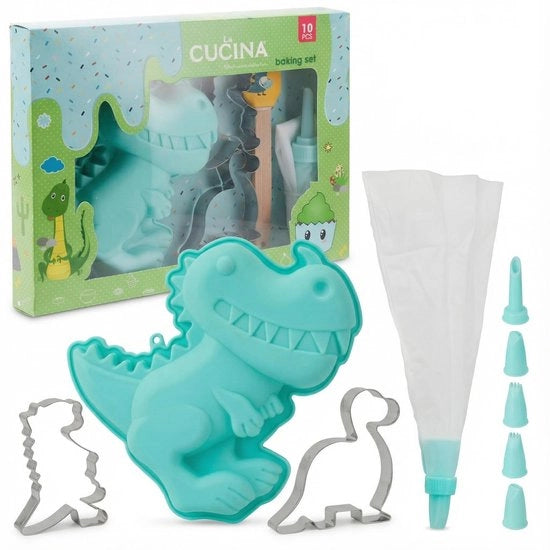 Kit di Cottura per Bambini 10 pezzi - Muffiniera in Silicone/ Dinosauro/Unicorno - Forme per Decorazioni - Spatola per Impastare - Sacchetto per Spolvero/Spolverini - Esperienza di Cottura Creativa - Attrezzatura da Cottura