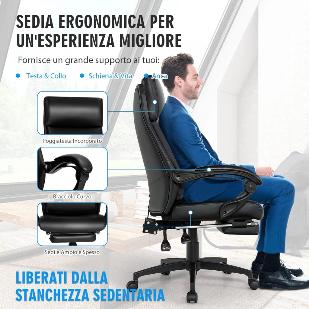 Sedia da Ufficio, Sedia Girevole con Schienale Alto in Pelle, con Poggiatesta, Bracciolo e Poggiapiedi Retrattile, Altezza Regolabile per Ufficio Sala Studio, Portata Massima 130kg