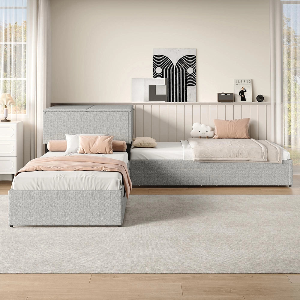 Letto angolare - Xylo - 90x200 cm gigogne lino grigio