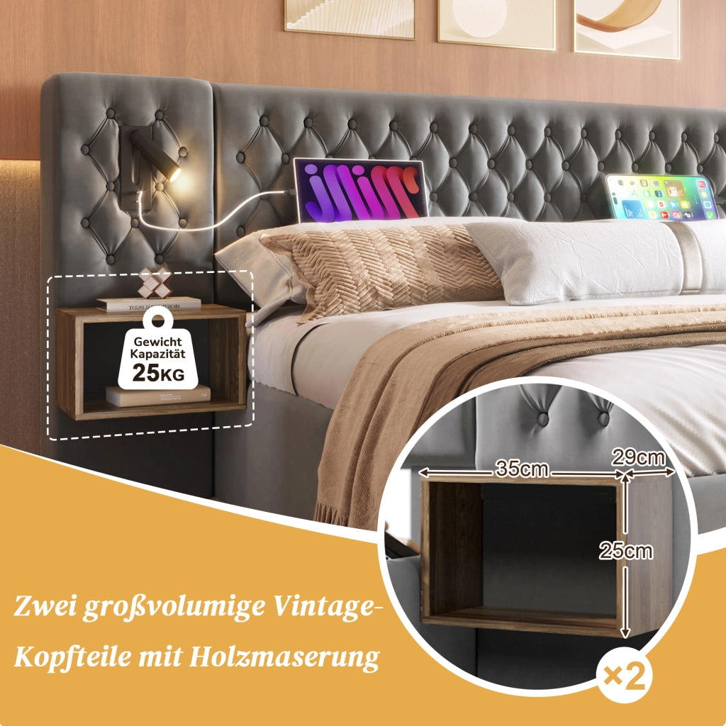 Set camera completo – 160x200 cm – 2 comodini 4 cassetti luce USB – velluto grigio