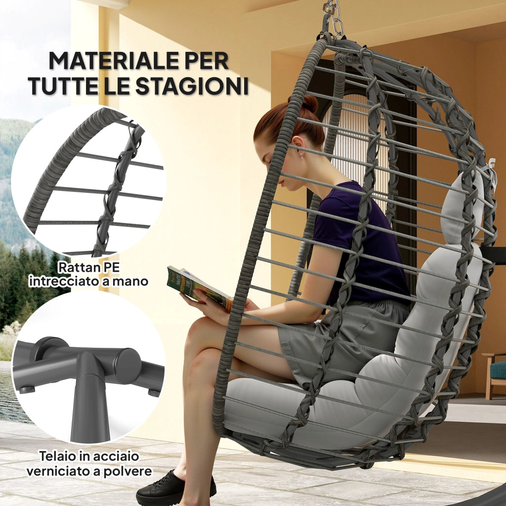 Sedia Sospesa a Uovo in Rattan con Cuscino ¨C Zephmum ¨C Grigio, Altezza Regolabile
