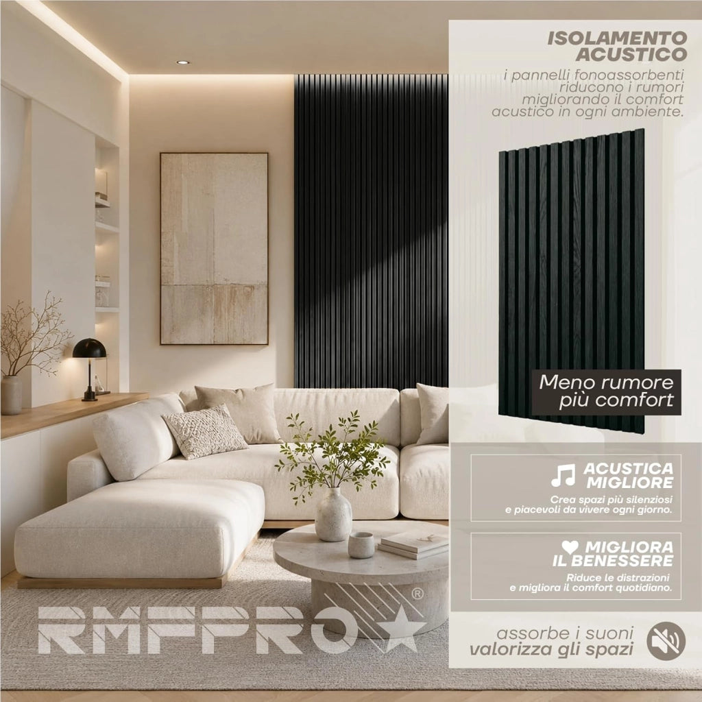 RMF PRO Pannello Decorativo Parete Legno Fonoassorbente Rovere Nero 120x60 cm (0,72 m²) – Singolo Rivestimento Acustico a Listelli MDF Moderno per Casa e Ufficio