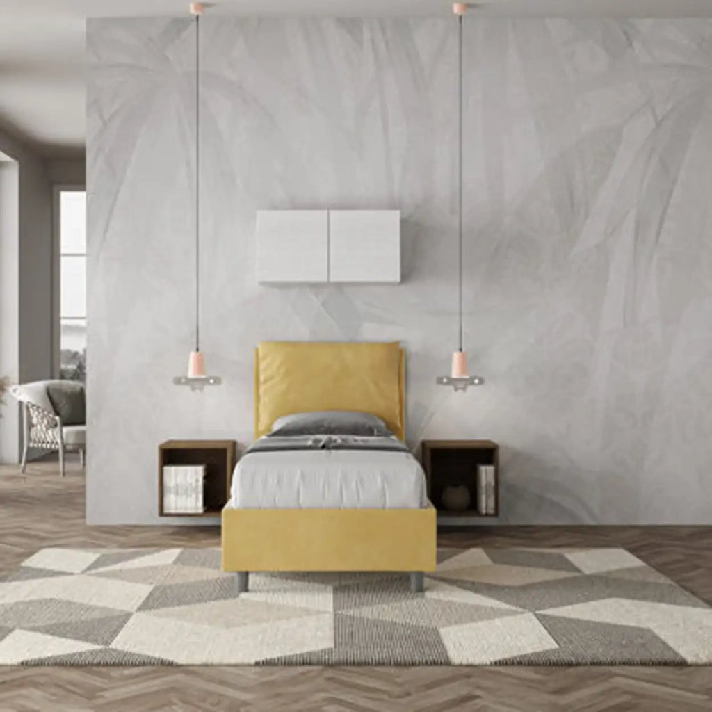 Letto singolo contenitore imbottito 80x190 microfibra ocra Antea