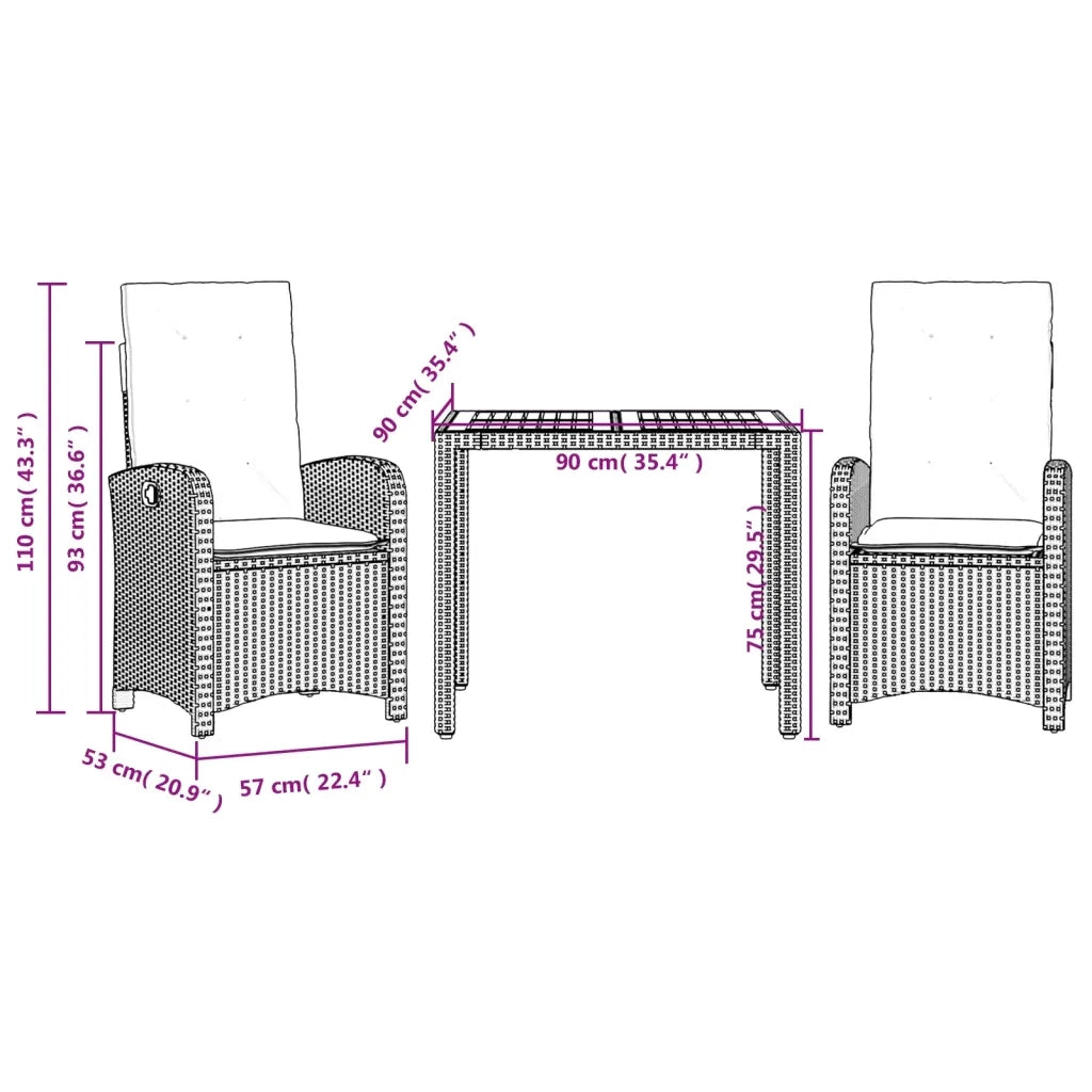 Set da Pranzo da Giardino 3 pz con Cuscini Nero in Polyrattan 3212230