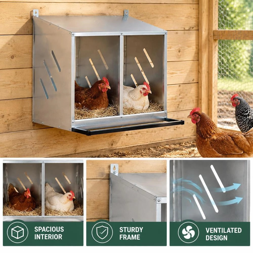 Chicken Nesting Box With 2 Compartments, Galvanized Silver Metal