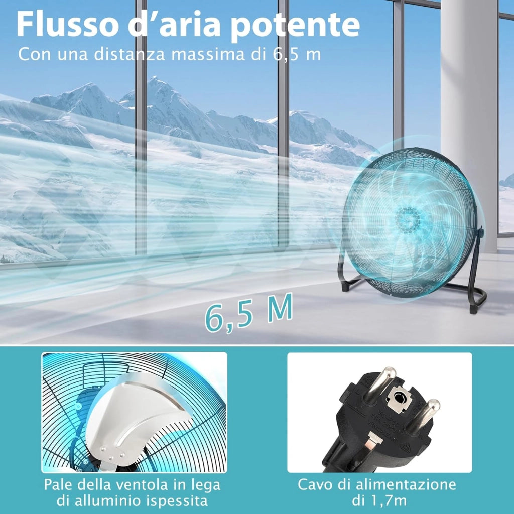 160W Ventilatore da Terra 50 cm, Ventilare Industriale a 3 Velocità Inclinazione di 145° e Pale in Metallo, Ventilatore da Pavimento per Magazzino Cantina Garage Palestra (Nero)