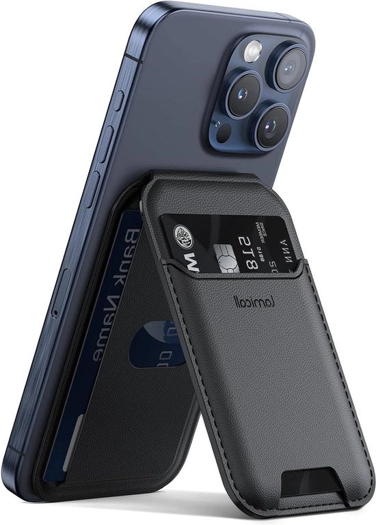 Portamonete a magsafe con 3 custodie per carta - Rivestimento premium in pelle vegetale - Portamonete magnetico - Custodia magnetica - Nero.