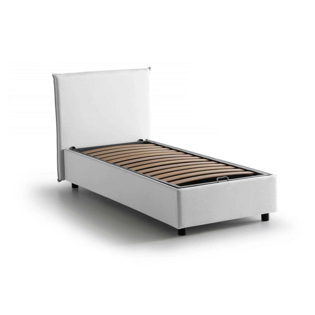 Letto singolo Ajan, Letto contenitore con rivestimento in tessuto, Made in Italy, Apertura frontale, adatto per materasso cm 90x190, Bianco