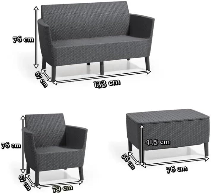 Salottino da Esterno Salemo Lounge Set 4 Pezzi in Resina Effetto Rattan con Tavolino Contenitore e Cuscini Colore Graphite Keter