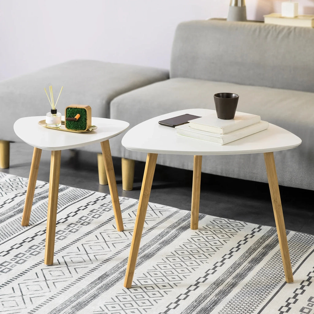 Set di 2 Tavolini Bassi da Salotto in Legno di bambù massello e MDF Tavolino Moderno Bianco FBT74-W